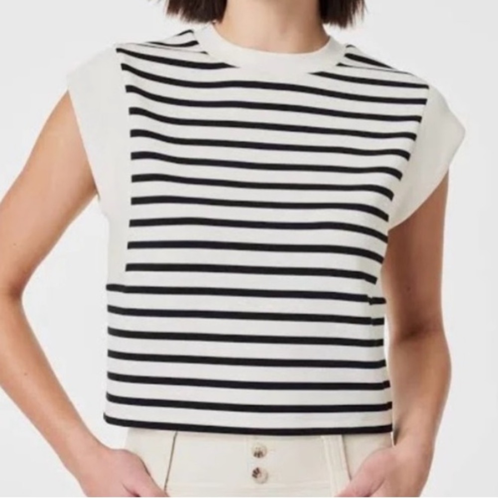 Spanx AirEssentials Crew Neck‎ Shoulder Tee Stripe Back Off White Large